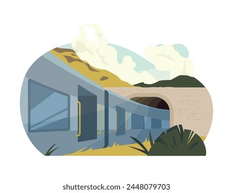 Train Exiting Tunnel. A train emerges from a tunnel into daylight, surrounded by nature's tranquility. Symbolizes new journeys and discoveries.