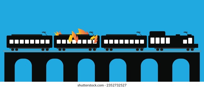 Vector de fuego de tren, ilustración. Explosión de vagón o autocar.