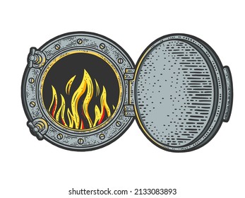 Train firebox with fire flame color sketch engraving vector illustration. T-shirt apparel print design. Scratch board imitation. Black and white hand drawn image.