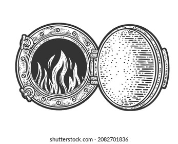 Train firebox with fire flame sketch engraving vector illustration. T-shirt apparel print design. Scratch board imitation. Black and white hand drawn image.