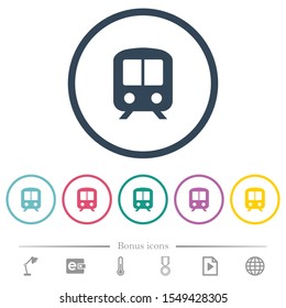 Train flat color icons in round outlines. 6 bonus icons included.