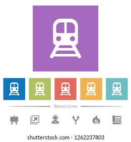 Train flat white icons in square backgrounds. 6 bonus icons included.