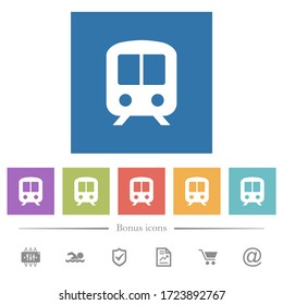 Train flat white icons in square backgrounds. 6 bonus icons included.
