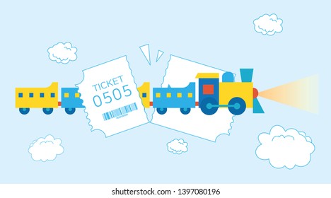 a train flying into the sky with a ticket for Children's Day, a flying colorful train