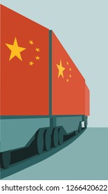 Train Freight transportation. Cargo transit. Container textured by flag of the China