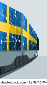 Train freight transportation. Cargo transit. Container textured by flag of the Sweden