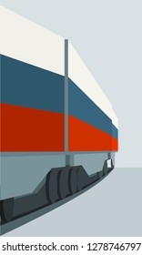 Train freight transportation. Cargo transit. Container textured by flag of the Russia