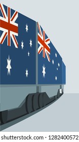 Train freight transportation. Cargo transit. Container textured by flag of the Australia