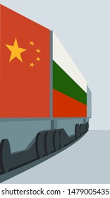 Train Freight transportation. Cargo transit from China to Bulgaria. Container textured by flags