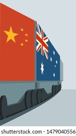 Train Freight transportation. Cargo transit from China to Australia. Container textured by flags