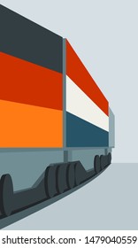 Train Freight transportation. Cargo transit from Germany to Netherlands. Container textured by flags