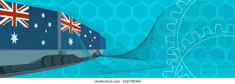 Train freight transportation. Cargo transit. Container textured by flag of the Australia