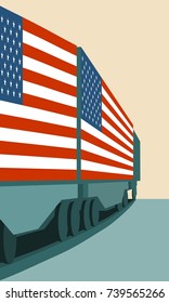 Train Freight transportation. Cargo transit. Container textured by flag of the USA