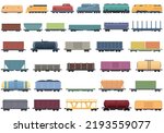 Train freight wagons icons set cartoon vector. Diesel locomotive. Side cargo