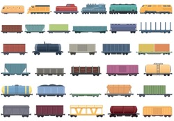 Train Freight Wagons Icons Set Cartoon Vector. Diesel Locomotive. Side Cargo