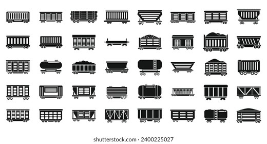 Train freight wagons icons set simple vector. Diesel side. Locomotive auto cargo