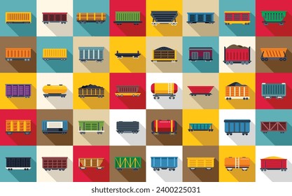 Train freight wagons icons set flat vector. Diesel side. Locomotive auto cargo