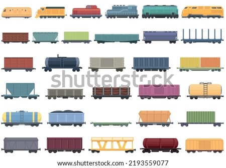 Train freight wagons icons set cartoon vector. Diesel locomotive. Side cargo