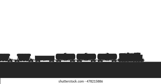 Train with freight wagons isolated on white. Detail BW vector illustration.