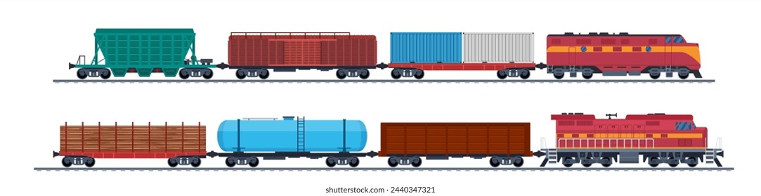 Güterwagen, Eisenbahnfracht und Eisenbahncontainer. Güterzug mit Wagen, Tanks, Fracht, Zisternen. Industriewagen, Seitenansicht. Vektor-Illustration im flachen Stil