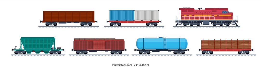 Güterwagen, Eisenbahnfracht und Eisenbahncontainer. Güterzug mit Wagen, Tanks, Fracht, Zisternen. Industriewagen, Seitenansicht. Vektor-Illustration im flachen Stil