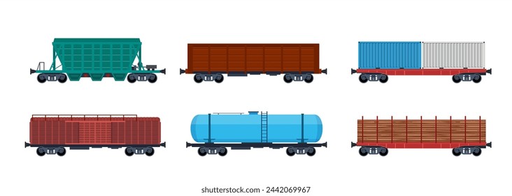 Güterwagen, Eisenbahnfracht und Eisenbahncontainer. Güterzug mit Wagen, Tanks, Fracht, Zisternen. Industriewagen, Seitenansicht. Vektor-Illustration im flachen Stil