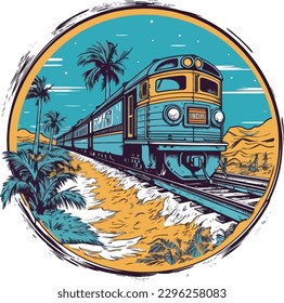 Train in front of a beach Hand drawn illustration, Train Hand drawn illustration design, tshirt design illustration