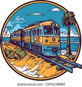 Train in front of a beach Hand drawn illustration, Train Hand drawn illustration design, tshirt design illustration