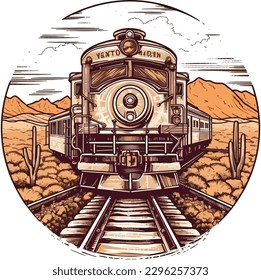 Tren frente a una ilustración dibujada por la mano del desierto, diseño de ilustración por la mano del tren, ilustración de diseño de camisetas