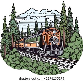 train in front of a forest Hand drawn illustration, train Hand drawn illustration, t-shirts design illustration