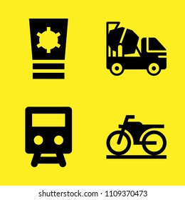 train front view, concrete mixer, sun cream and motorbike vector icon set. Sample icons set for web and graphic design