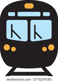 Train front view, public transport cartoon graphic, locomotive head with windows and lights, simplified design.