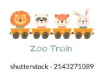 Train with funny animals, zoo train. Vector funny characters. Lettering.