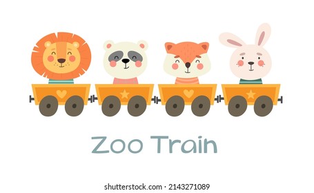 Train with funny animals, zoo train. Vector funny characters. Lettering.