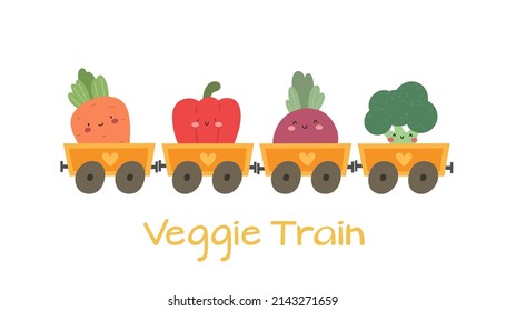 Train with funny vegetables, veggies. Vector funny characters.