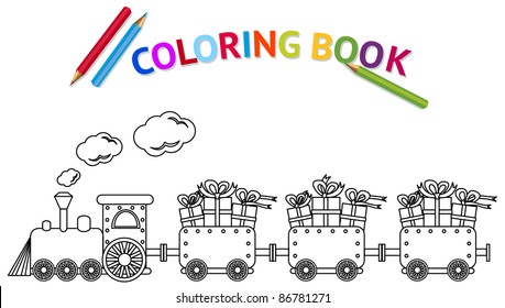 train with gifts, coloring book, vector illustration.