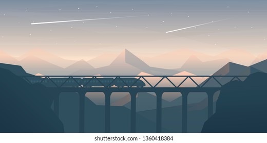 The train goes by the bridge. Vector illustration. Landscape in a flat style.