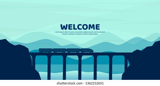 The train goes by the bridge. Vector illustration. Landscape in a flat style. Canyon