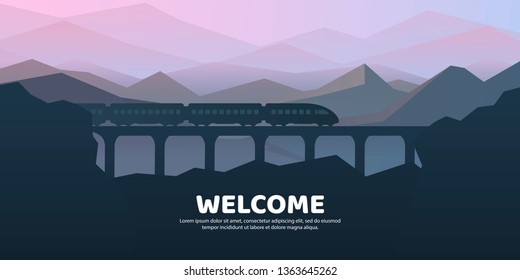The train goes by the bridge. Vector illustration. Landscape in a flat style.