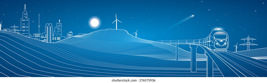  Train goes on the bridge through the mountains, on background night city, vector design art