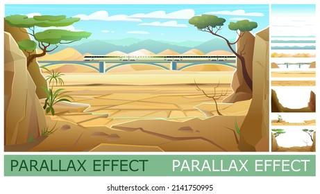 Train goes over bridge. Image from layers for overlay with parallax effect. Desert sand. Landscape of southern countryside. Drought cracked desert land. Cool cartoon style. Vector.