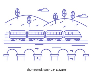 The train goes over the bridge. Mountain landscape, trip or journey. Linear vector graphics.