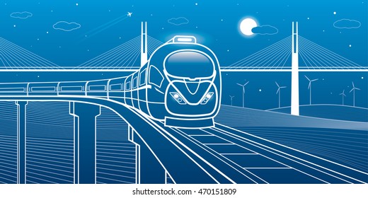 Train goes over the bridge on the background of cable-stayed bridge and wind turbines, transportation illustration, vector design art