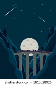 Train goes through the bridge. Night train trip through the mountains and woods. Voyage illustration.