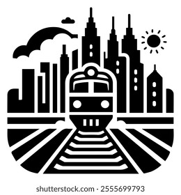 The train is going through the city. EPS 10 flat vector illustration. Black and white image on an isolated background.