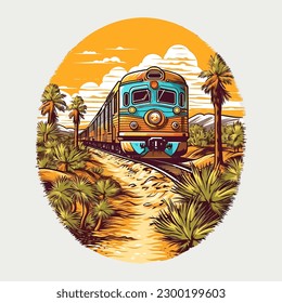 Train is going through a desert landscape with palm trees in the background