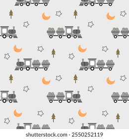 Tren de dibujos animados grises tan lindo. En el fondo gris de la luna de la estrella del árbol. Patrón de Ilustración vectorial sin fisuras. 
