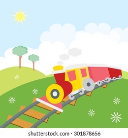 Train in the green landscape. Cartoon.