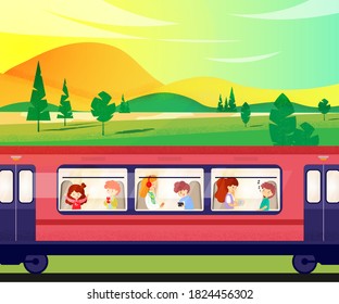 Train with green scenery in summer background. People traveling in train. Rural land, hills, field, mountain, meadow, trees and path in nature. Country scene view with transport vector illustration.