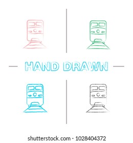 Train hand drawn icons set. Color brush stroke. Rail transport vehicle. Isolated vector sketchy illustrations